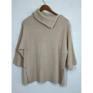 Lagenlook Short Sleeve Sweater S Tan w/Gold Flakes Side Shoulder Zip Turtleneck